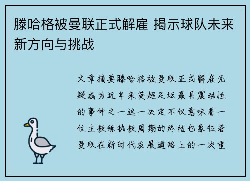 滕哈格被曼联正式解雇 揭示球队未来新方向与挑战 滕哈格被曼联正式解雇 揭示球队未来新方向与挑战