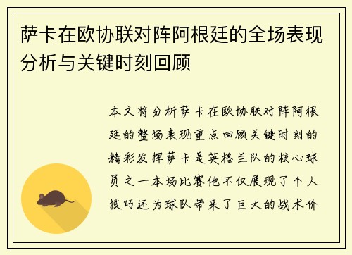 萨卡在欧协联对阵阿根廷的全场表现分析与关键时刻回顾